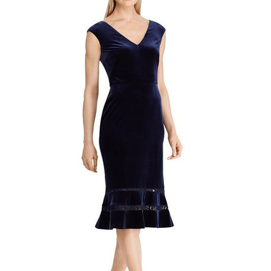 Ralph Lauren Navy Blue Velvet "Beekman" Dress w Fluted Hem, Lace Accents