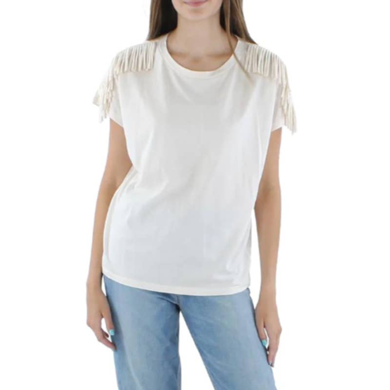 Lauren Ralph Lauren Ladies Winter Cream Short Sleeve Fringe Top, Size Medium NWT