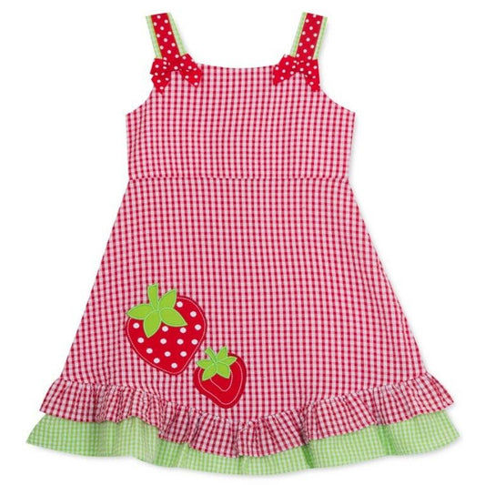 RARE EDITIONS INFANTS GIRL CHECKED STRAWBEERY APPLIQUE DRESS & BLOOMER SET, NWT