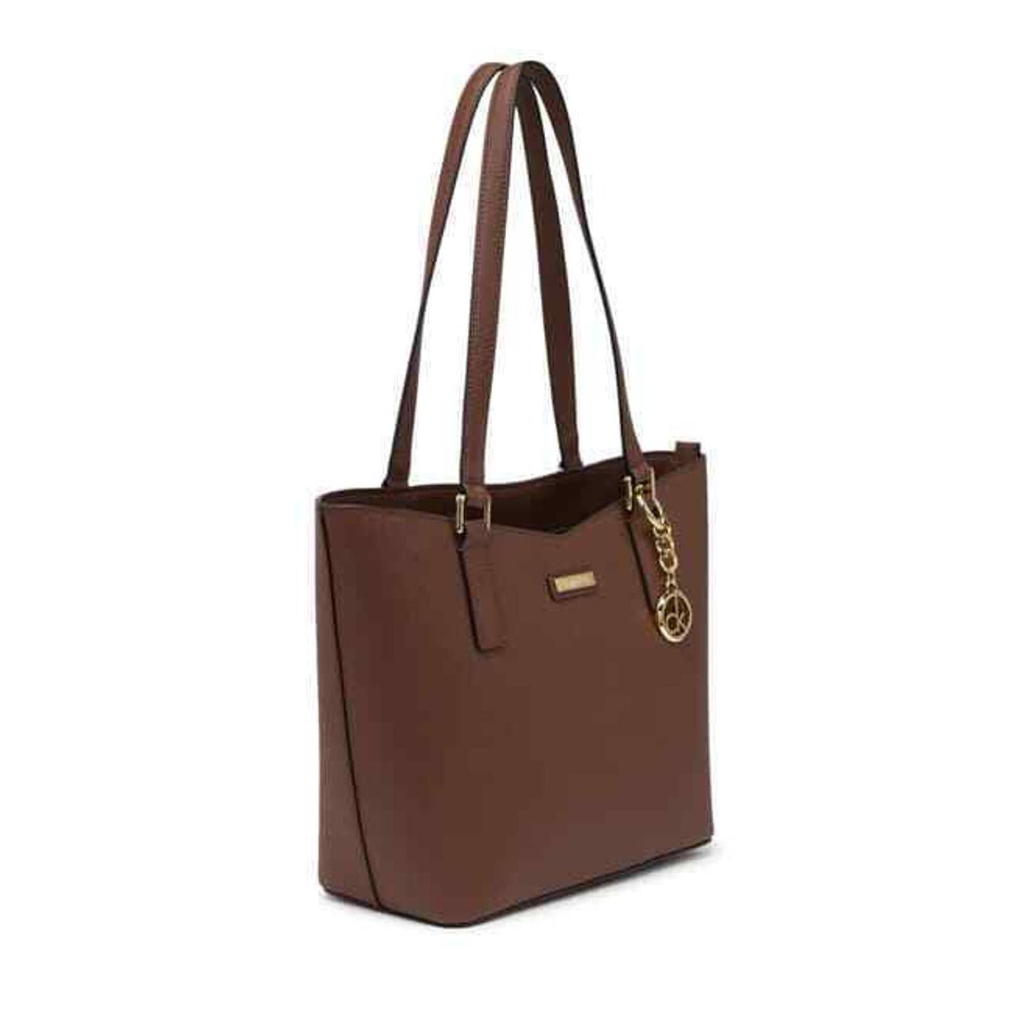 CALVIN KLEIN KEY SAFFIANO LEATHER TOTE DOUBLE STRAP, WALNUT GOLD NWT $198