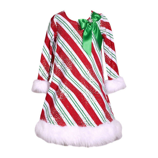 BONNIE JEAN BABY Girls CHRISTMAS Candy Cane Striped Dress, Faux Fur Trim, NWT