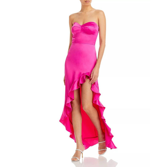 AQUA Ladies Hot Pink Strapless Ruffle Maxi Dress, High Slit in Leg, Size L, NWT!