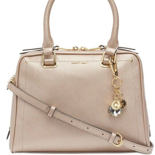 CALVIN KLEIN MARYBELLE SATCHEL, SAFFIANO LEATHER CHAMPAGNE, ZIP TOP, NWT $228