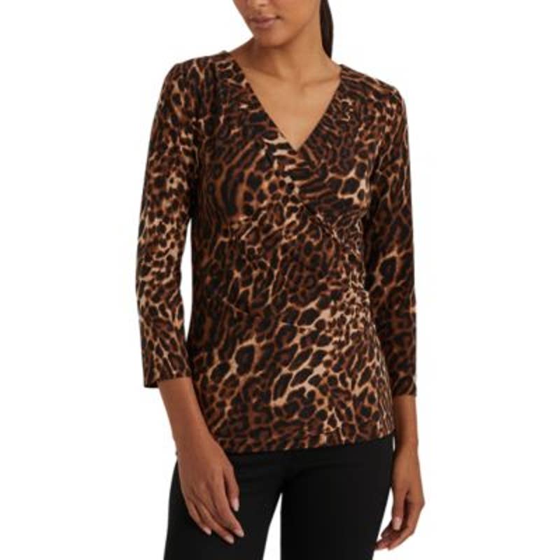 Lauren Ralph Lauren Ladies "Alayja" Mid-Sleeve Wrap Front Animal Print Top, XS