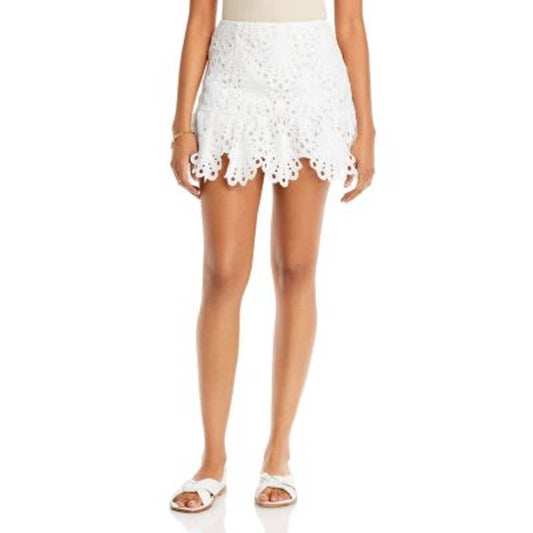 AQUA Ladies White Lace Mini Skirt w/ Scalloped Hem, Zipper Closure, Size Small