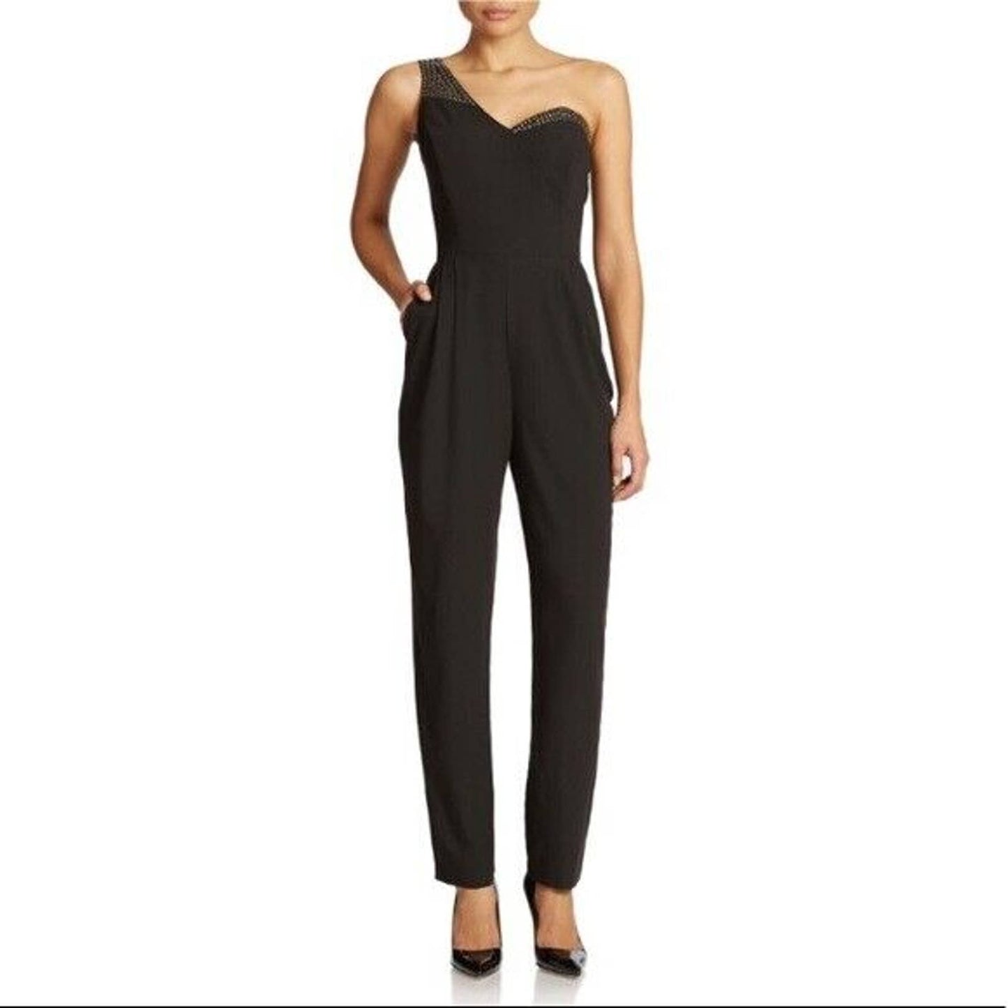 GUESS Ladies Jet Black Studded One Shoulder Pant Romper, Size 0, $118, NWT