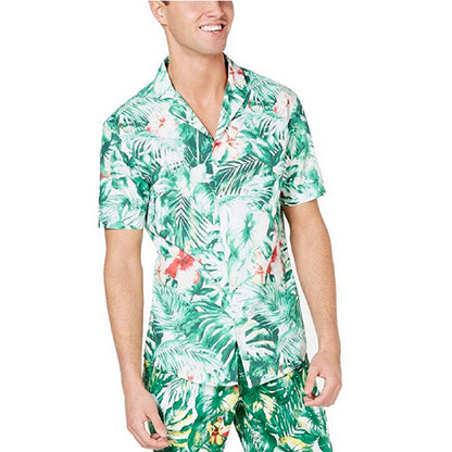 MICHAEL KORS, Men's Green & White Hawaiian Button Down Shirt