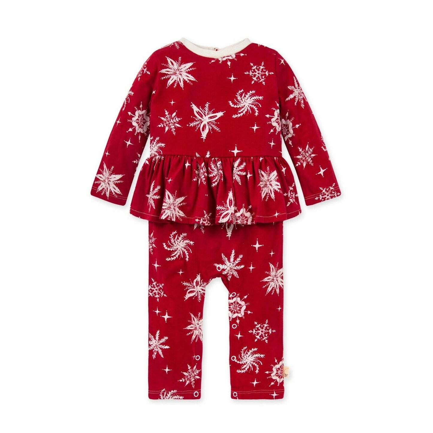 BURT'S BEES BABY ORGANIC GIRL'S VINTAGE SNOWFLAKE HOLIDAY RUFFLED JUMPSUIT, NWT