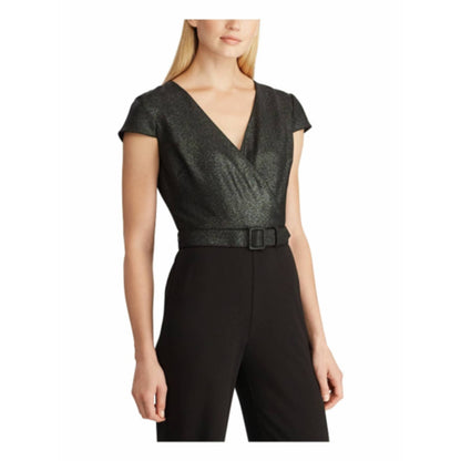 Ralph Lauren Women's Surplice Jumpsuit Black Glitter Cap Sleeve V-Neck