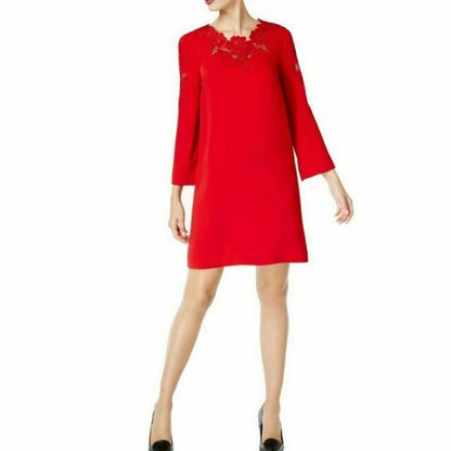 ALFANI LADIES BELL SLEEVE COCKTAIL SHIFT DRESS, LACE TRIMMED, BANNER RED