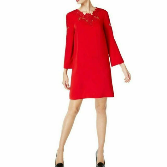 ALFANI LADIES BELL SLEEVE COCKTAIL SHIFT DRESS, LACE TRIMMED, BANNER RED, NWT