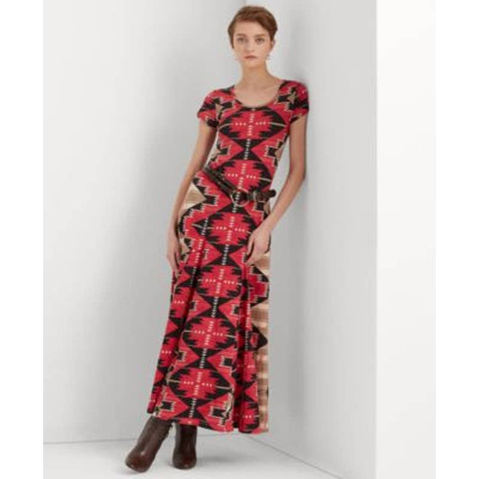 Lauren Ralph Lauren Women's Tan & Red Printed Fit & Flare Maxi Dress, Size XS
