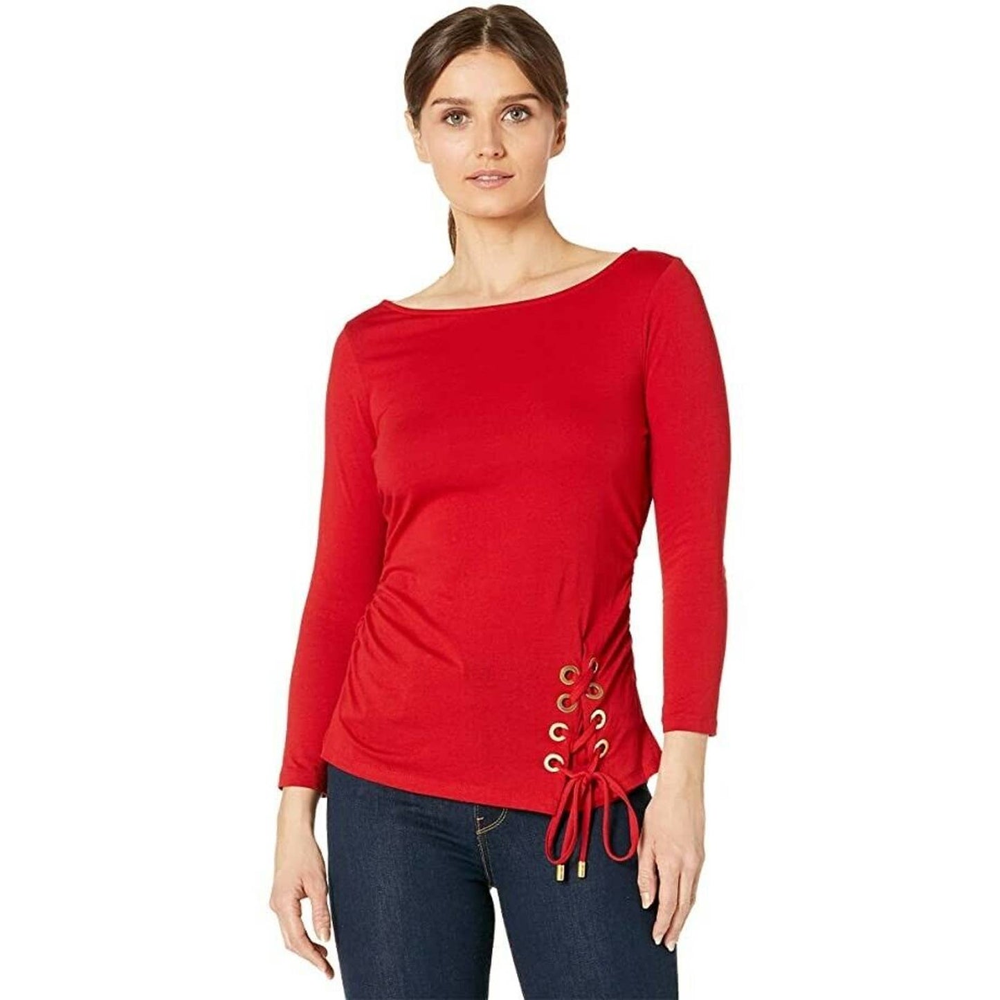 Michael Kors Ladies Lace-Up Detail 3/4-Sleeve Top Crimson PM, NWT $78