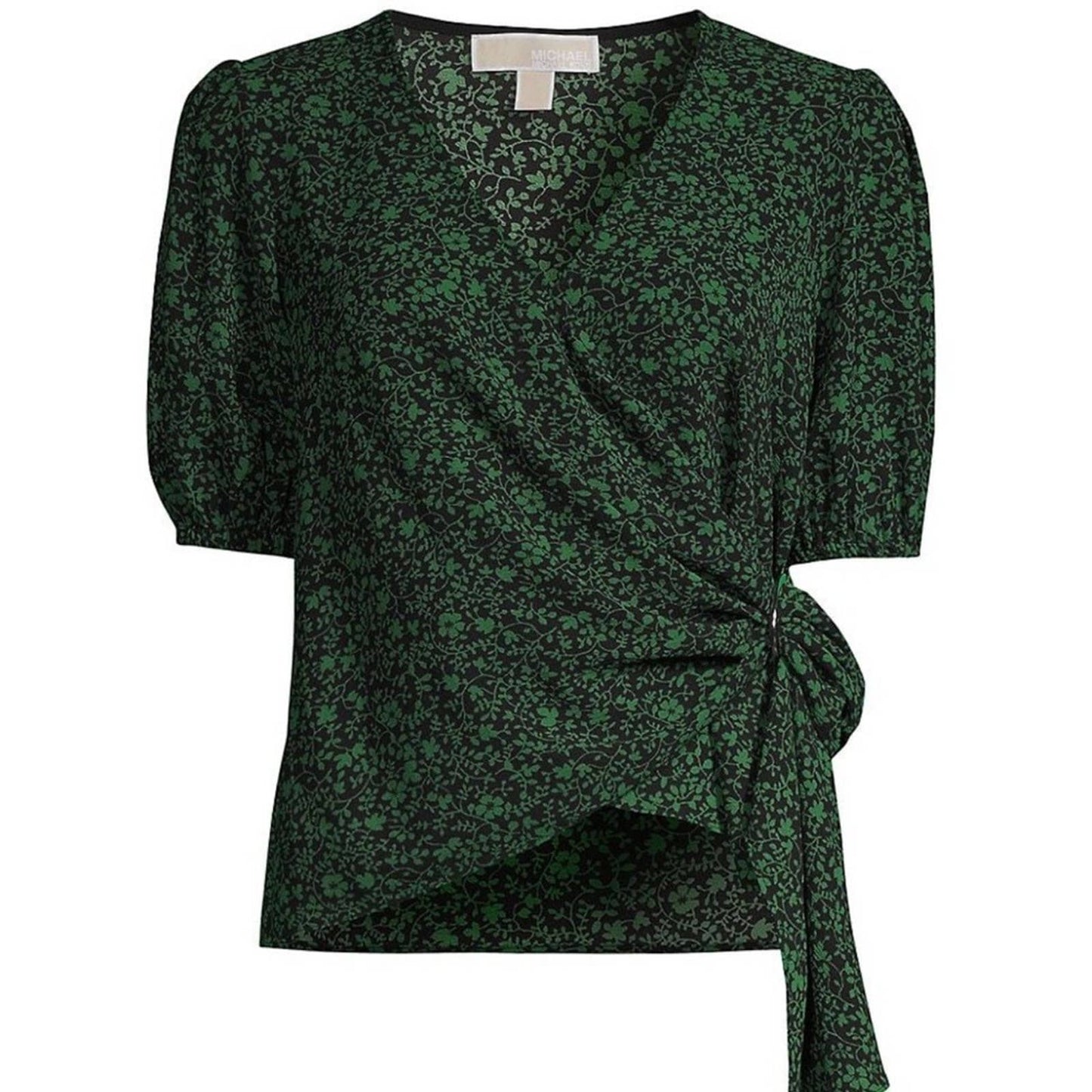 Michael Kors Black & Moss Green Floral Print Wrap Front Blouse, Size XS, NWT!!