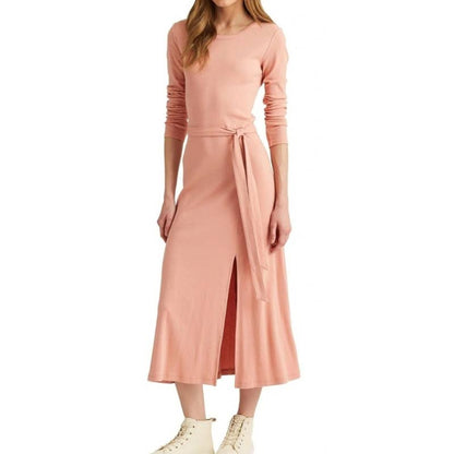 Lauren Ralph Lauren Women's Rose Tan Pink Long Sleeve Ribbed Dress, Belted