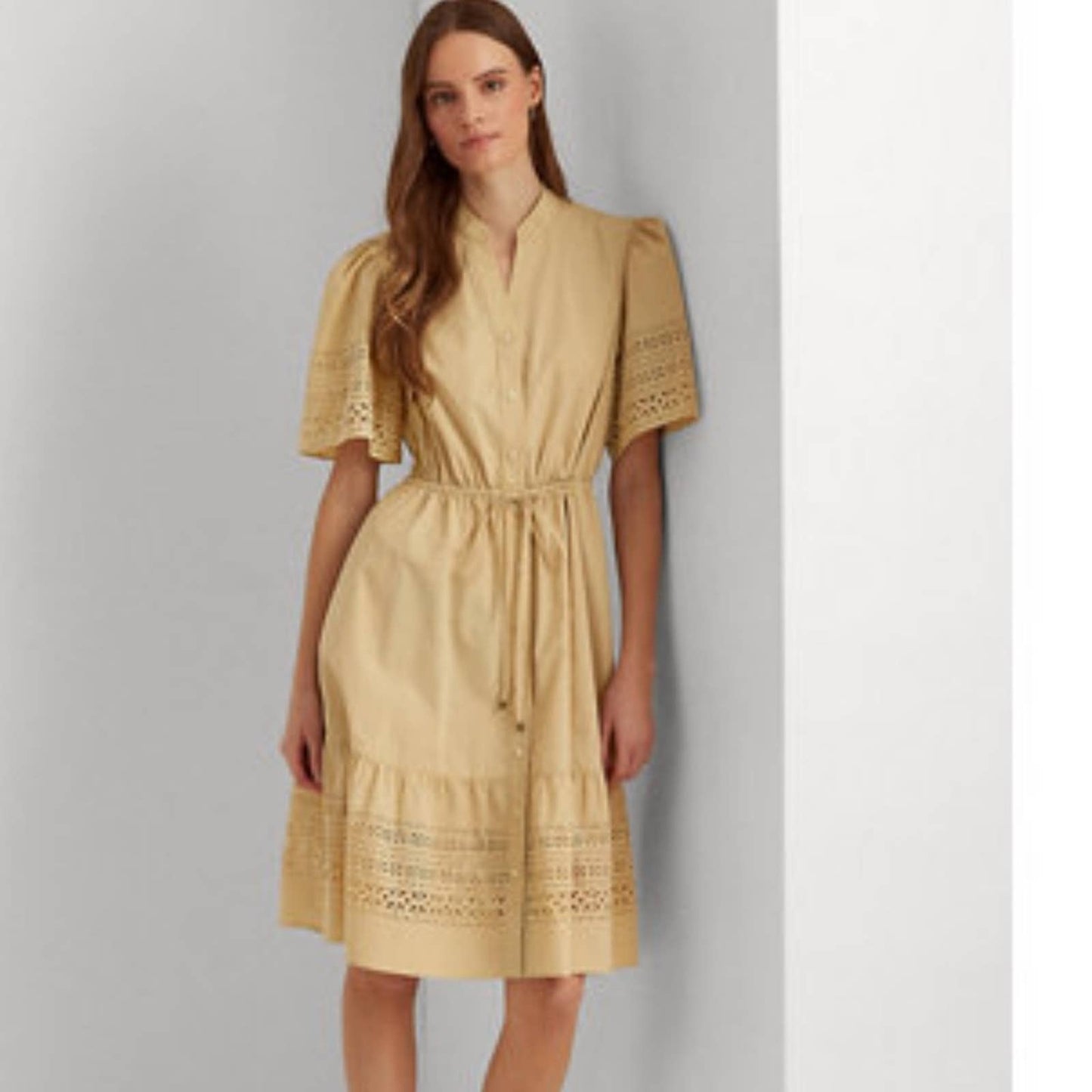 Lauren Ralph Lauren Tan “Parchment” Eyelet Dress w/ Ruffle Sleeves