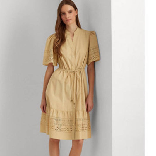 Lauren Ralph Lauren Tan “Parchment” Eyelet Dress w/ Ruffle Sleeves