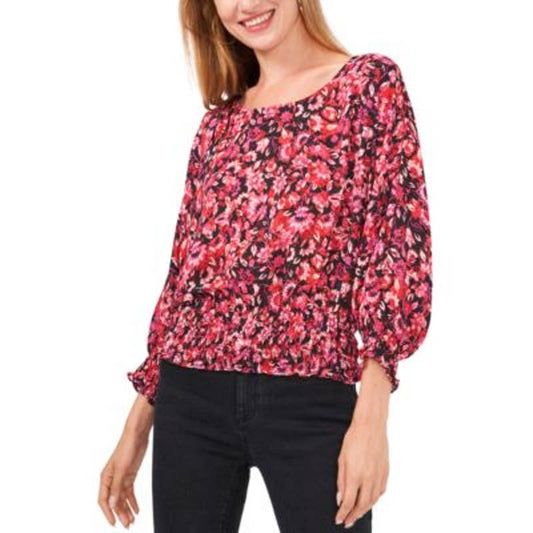Vince Camuto Women's Fuchsia Pink Floral Print Smocked Peasant Blouse, Medium