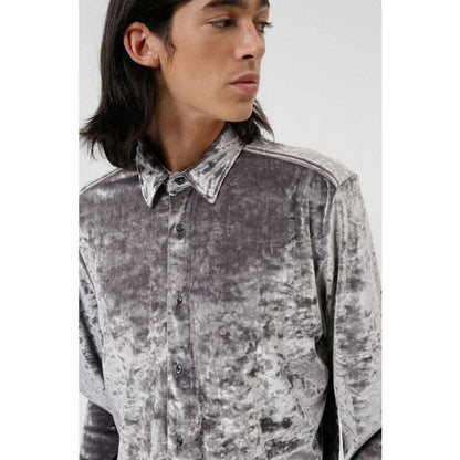 HUGO - HUGO BOSS RELAXED-FIT SHIRT IN STRETCH VELVET SILVER