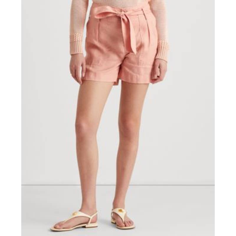 Lauren Ralph Lauren Women's Pink Rose Tan Belted Linen Shorts, Size 12