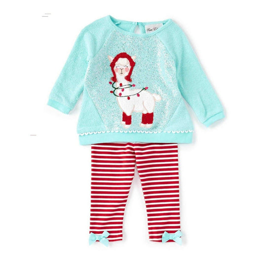 RARE EDITIONS Girls 2 PC Snow Llama Top & Legging Set, Aqua, Red, NWT