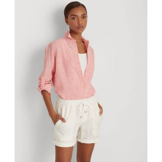 Lauren Ralph Lauren Women's Coral Pink & White Striped Shirtdress, Button Up XXL