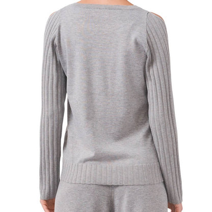 Vince Camuto Light Gray Cold Shoulder Sweater w/ Ribbed Accents