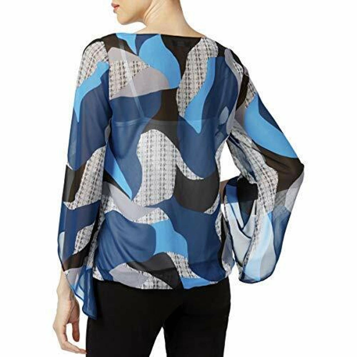 ALFANI LADIES GEOMETRIC PRINT ANGLED SLEEVE BLOUSE, BLACK BLUE MULTI SM NWT $69