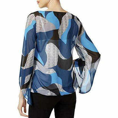 ALFANI LADIES GEOMETRIC PRINT ANGLED SLEEVE BLOUSE, BLACK BLUE MULTI