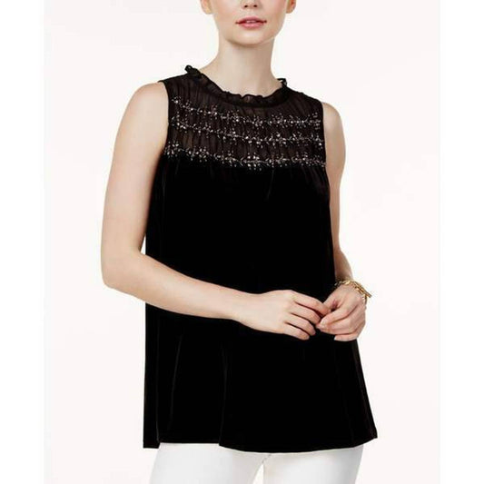 ALFANI Women's Velvet Embellished Yoke Sleeveless Top, Large, Black NWT