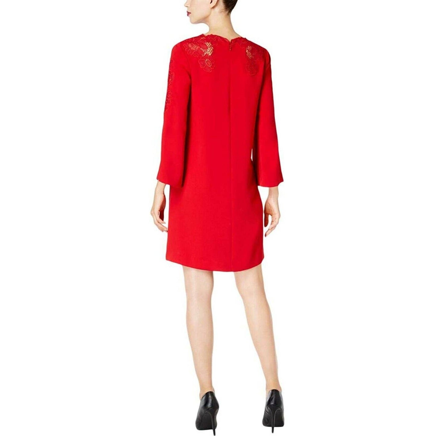 ALFANI LADIES BELL SLEEVE COCKTAIL SHIFT DRESS, LACE TRIMMED, BANNER RED, NWT