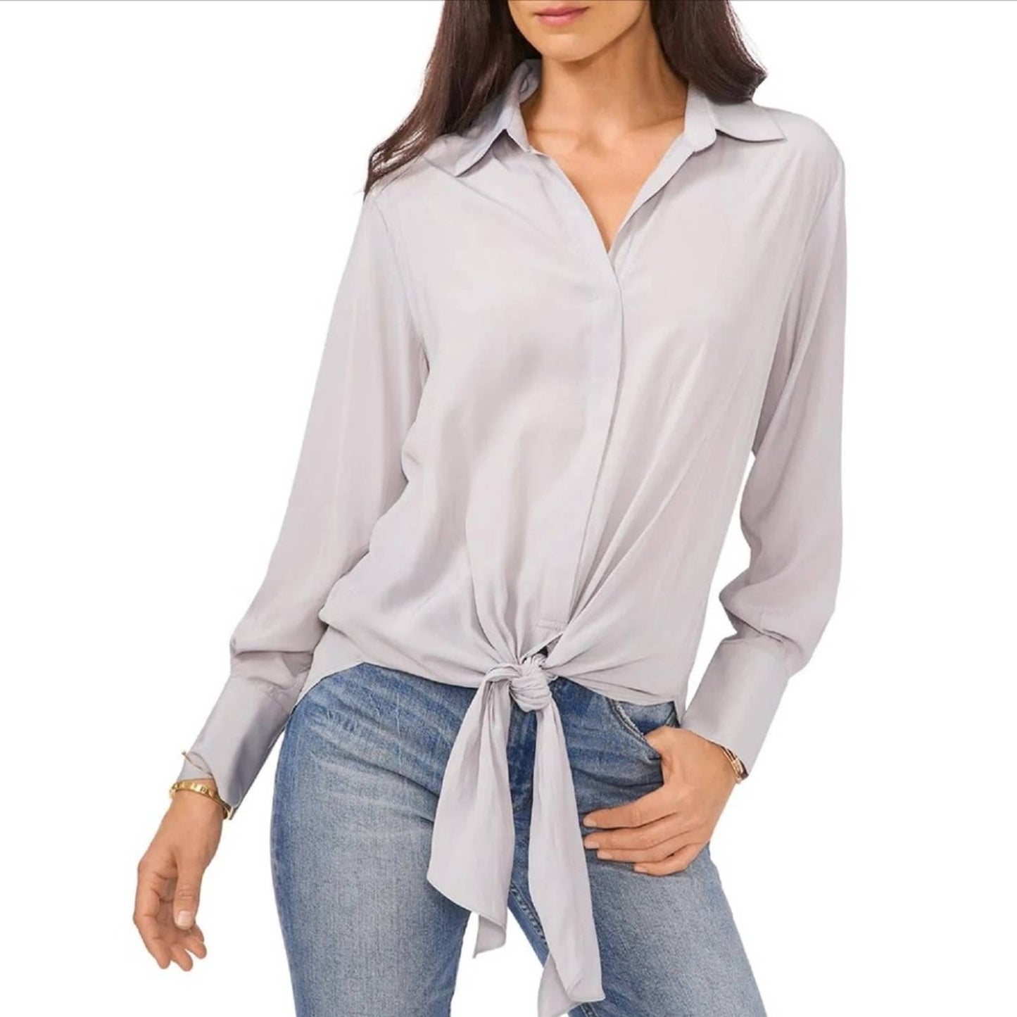 Vince Camuto Light Gray Button Up Tie Front Blouse, Size Extra Large, NWT!!