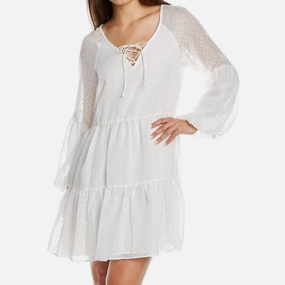 Vince Camuto White Tiered Smock Dress w/ Puff Sleeves & Lace Front Details