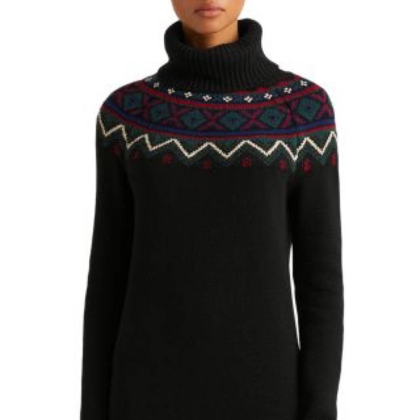 Lauren Ralph Lauren Black Knit Sweater Dress w/ Green, Red, & Blue Stitching NWT