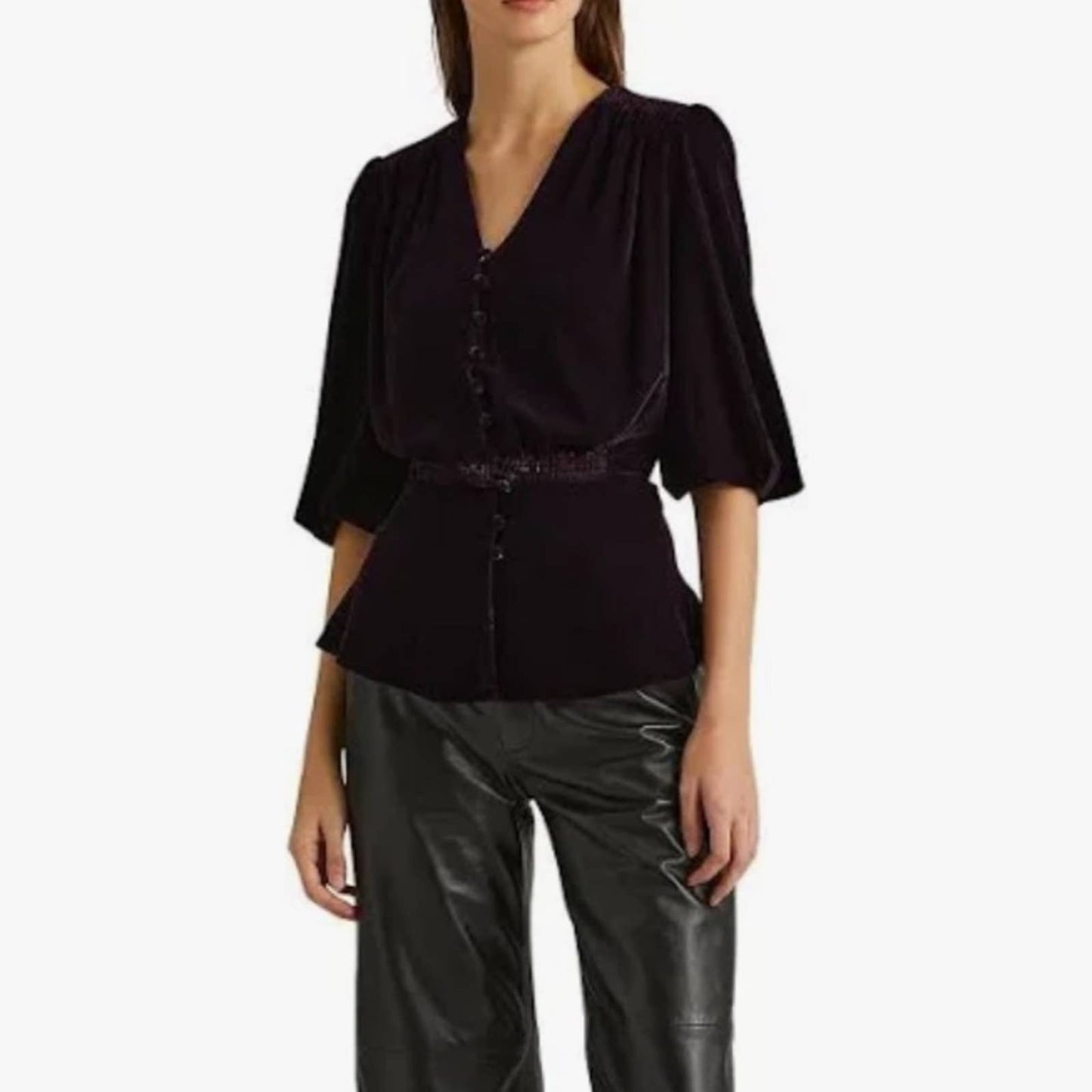 Lauren Ralph Lauren Deep Purple Velvet Peplum Blouse, Button Up, Size 6, NWT!!