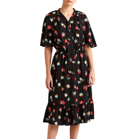 Lauren Ralph Lauren Women's Black & Red Floral Print Crepe Tie Neck Dress