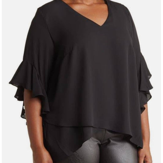 Vince Camuto Black V-Neck Blouse w/ Ruffle Sleeves, Size Extra Small, NWT!!