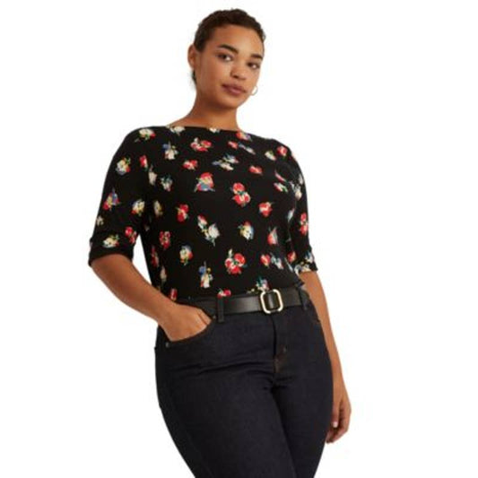 Lauren Ralph Lauren Women's Black & Red Floral Boatneck Blouse, Plus Size 1X