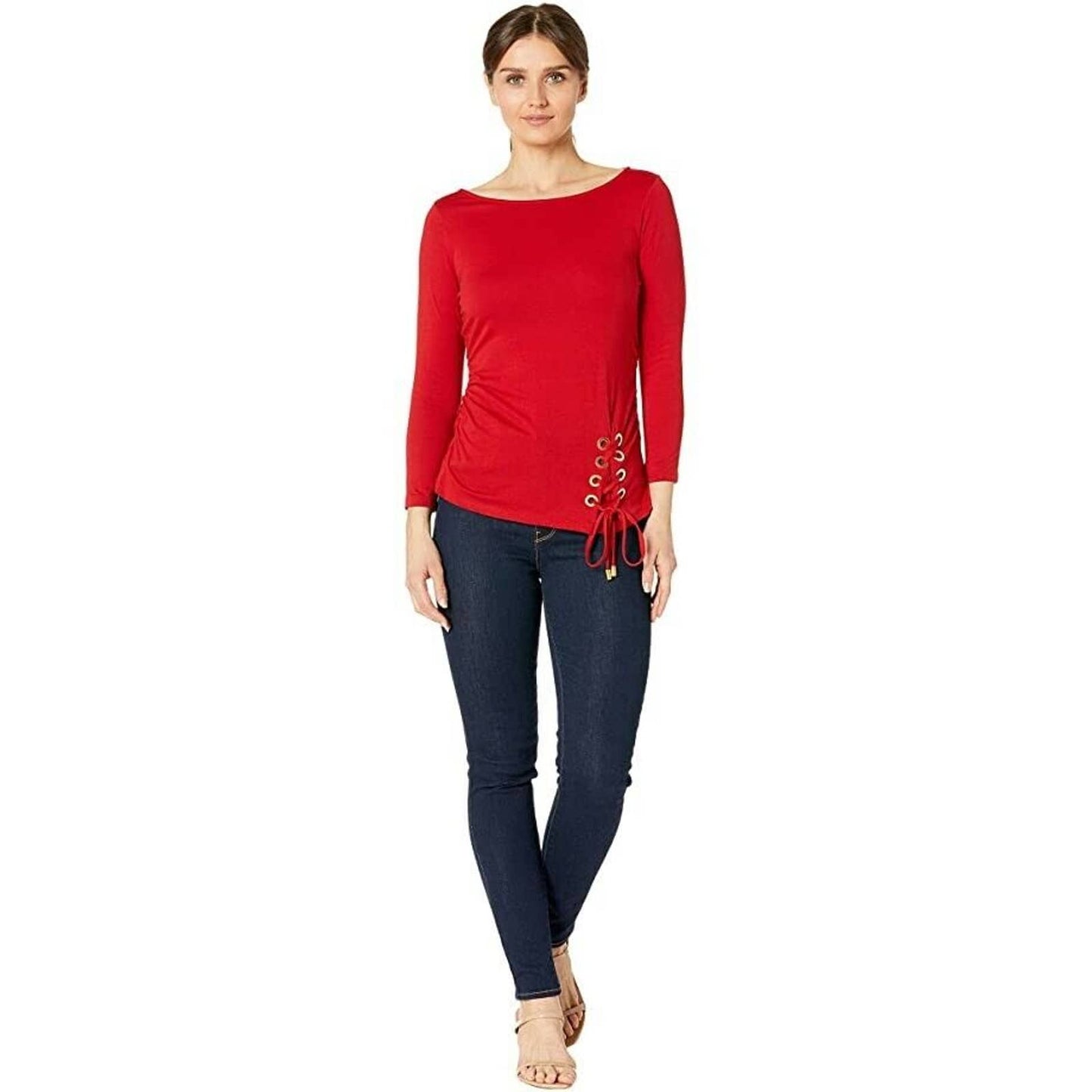 Michael Kors Ladies Lace-Up Detail 3/4-Sleeve Top Crimson PM, NWT $78