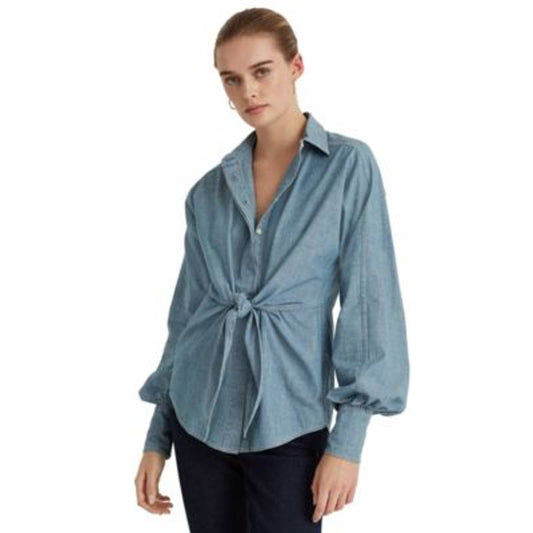 Lauren Ralph Lauren Women's Tie Front Chambray Shirt Riviera Wash, Size Medium