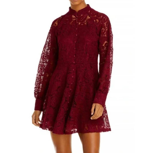 AQUA Women's Burgundy Lace Button Front Long Sleeve Dress, Size Medium