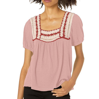 Lucky Brand Pink Crochet Smock Blouse, Square Neck