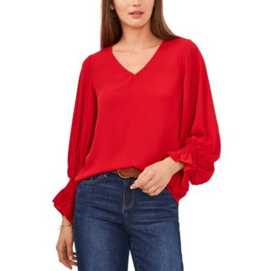 Vince Camuto Women's Vermillion Red V-Neck Blouse w/ Smocked Cuffs, Size XS