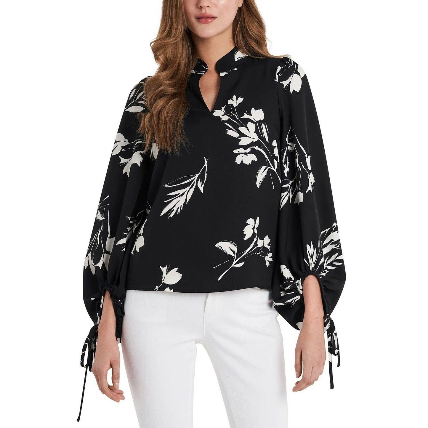 Vince Camuto Floral Whispers Tie-Sleeve Blouse Rich Black, NWT