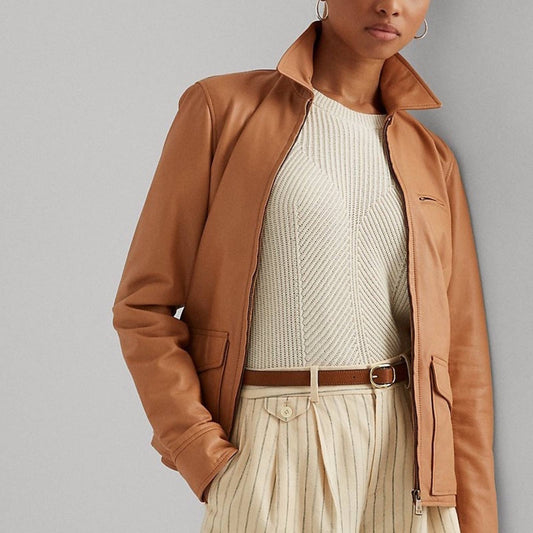 Ralph Lauren Women’s Caramel Brown Lamb Leather Moto Jacket, Size 14, NWT