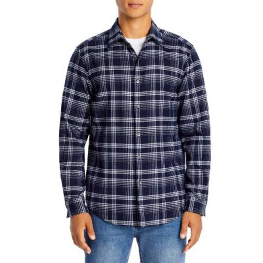 Theory Men's Navy Blue & White Twill Flannel Shirt, Baltic, Size Large
