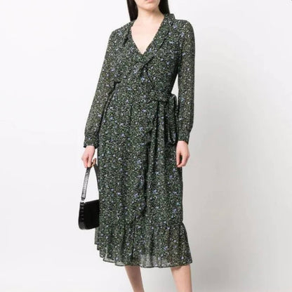 Michael Kors Black Midi Smock Dress w/ Green & Blue Floral Print, Ruffles