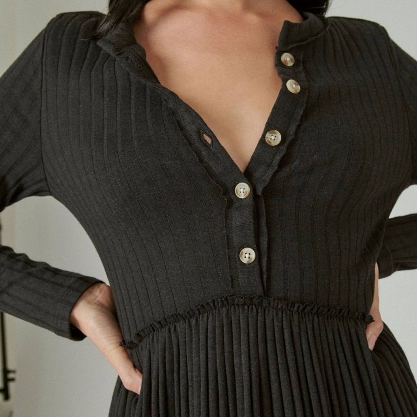 Lucky Brand Ribbed Black Smock Dress, Button Up V-Neck, Long Sleeve, Size XS NWT