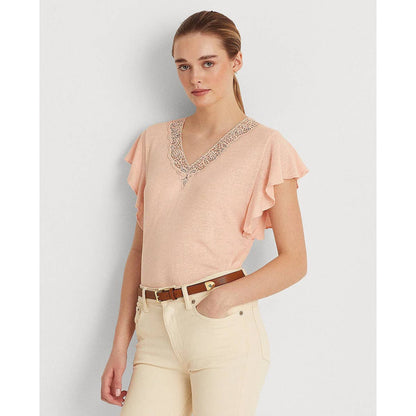 Lauren Ralph Lauren Linen-Blend Jersey Flutter-Sleeve Pale Pink