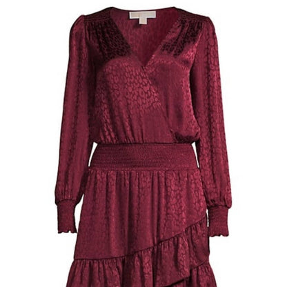 Michael Kors Dark Ruby Red Leopard Print Embossed Ruffle Dress